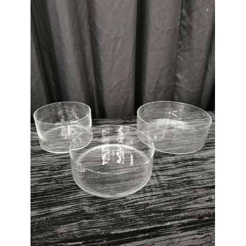 618 - 3 Straight Sided Glass Bowls, different width, one small chip