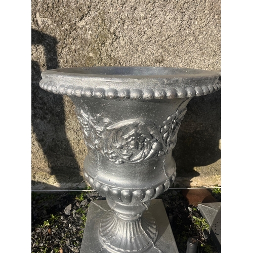 2 - Pair of Regency Style Composite Urns, Silvered (58 cm W x 80cm H)