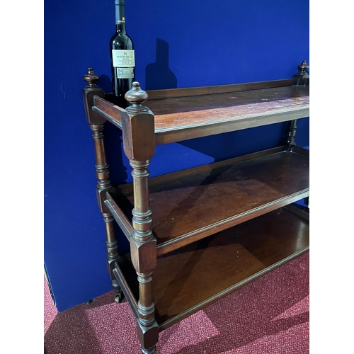 24 - Victorian Mahogany Three Tier Dumbwaiter with Corner Finials Standing on Ceramic Castors (120 cm W x... 