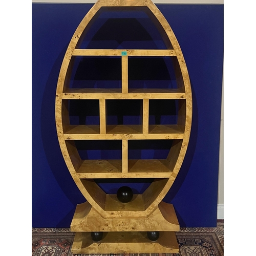 46 - Art Deco Design Oval Shaped Double Sided Bookcase, Burr Wood with Circular Ball Shaped Support (92 c... 