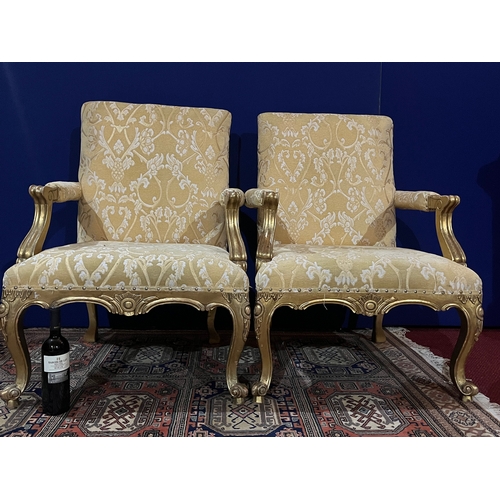 50 - Pair of French Style Gold Armchairs with Textured Fabric Upholstery (73 cm W x 100 cm H x 70 cm D)