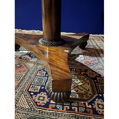 51 - Regency Mahogany Centre Table on Circular Tapering Support on Triform Base (90 cm W x 70 cm H)