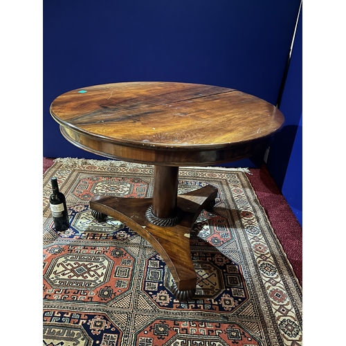 51 - Regency Mahogany Centre Table on Circular Tapering Support on Triform Base (90 cm W x 70 cm H)