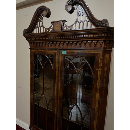 64 - Fine Sheraton Style Mahogany Corner Cabinet with Swan Neck Pediment, Arched Glazing, Satinwood Cross... 