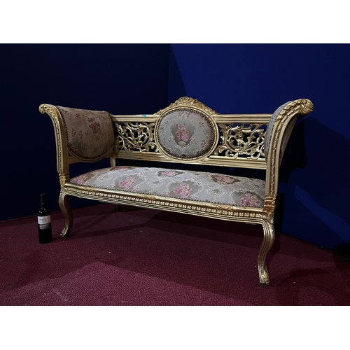 66 - 19th Century Gilded Settee, Upholstered with Textured Floral Fabric and with Brass Button Embellishm... 