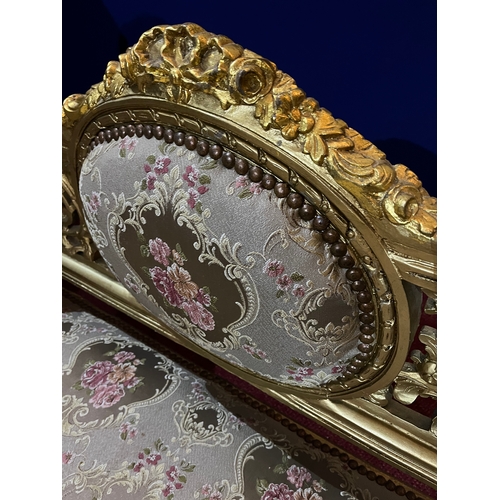 66 - 19th Century Gilded Settee, Upholstered with Textured Floral Fabric and with Brass Button Embellishm... 