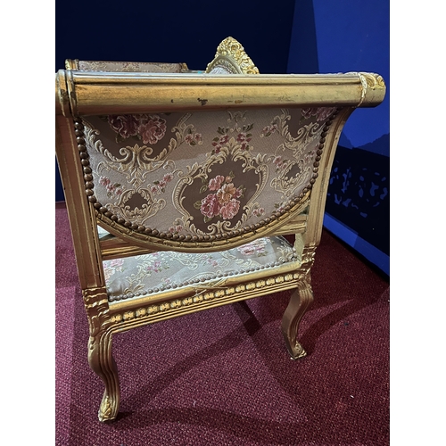 66 - 19th Century Gilded Settee, Upholstered with Textured Floral Fabric and with Brass Button Embellishm... 