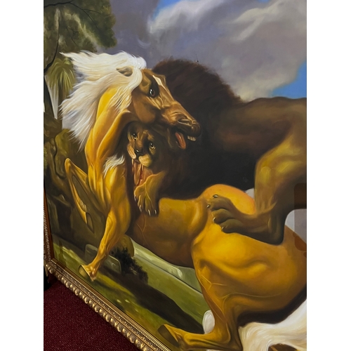 77 - Very Large Oil on Canvas of a Lion Attacking a Horse in Decorative Gold Frame (200 cm W x 157 cm H)