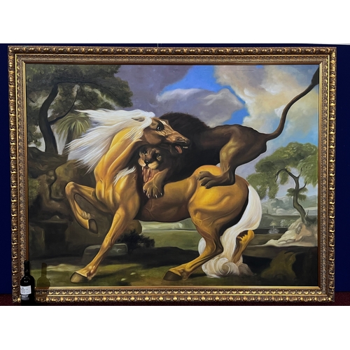 77 - Very Large Oil on Canvas of a Lion Attacking a Horse in Decorative Gold Frame (200 cm W x 157 cm H)