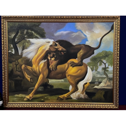 77 - Very Large Oil on Canvas of a Lion Attacking a Horse in Decorative Gold Frame (200 cm W x 157 cm H)