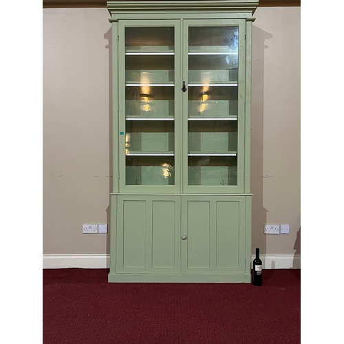 87 - Antique Painted Two Door Bookcase, Tall Glazed Top on Panel Base (126 cm W x 245 cm H x 46 cm D)