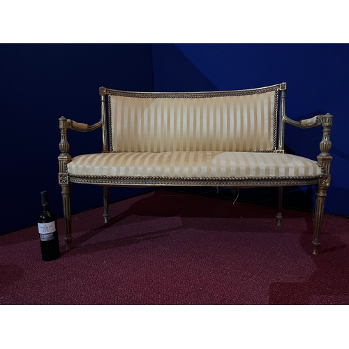 92 - Edwardian Gilt Settee with Striped Yellow and Gold Fabric (damage) (130 cm W x 58 cm H x 50 cm D)