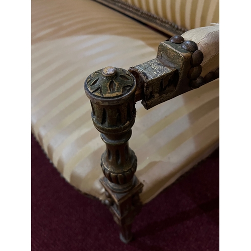 92 - Edwardian Gilt Settee with Striped Yellow and Gold Fabric (damage) (130 cm W x 58 cm H x 50 cm D)