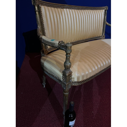 92 - Edwardian Gilt Settee with Striped Yellow and Gold Fabric (damage) (130 cm W x 58 cm H x 50 cm D)