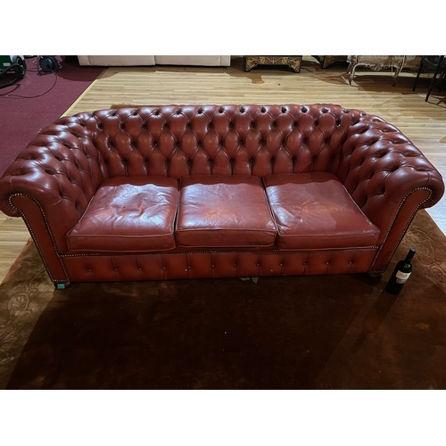 95 - Deep Buttoned Chesterfield Three Seater on Flat Bun Feet (200 cm W x 75 cm H x 90 cm D)