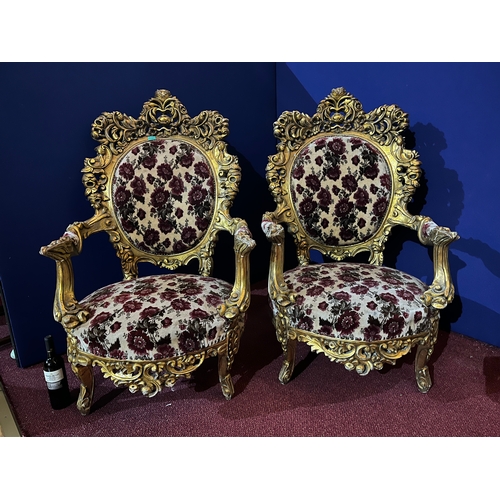 97 - Very Decorative Pair of Rococo Design Gold Armchairs with Floral Patterned Fabric (80 cm W x 130 cm ... 