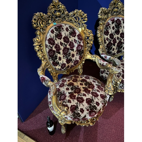 97 - Very Decorative Pair of Rococo Design Gold Armchairs with Floral Patterned Fabric (80 cm W x 130 cm ... 