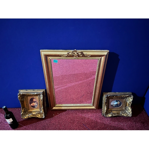 99 - Edwardian Rectangular Mirror with Brass Cartouche and Two Victorian Style Pictures in Decorative Fra... 