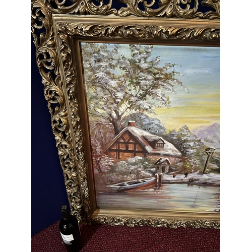 100 - Oil on Canvas, Snow Capped Mountains in Decorative Gilt Frame (125 cm W x 100 cm H)