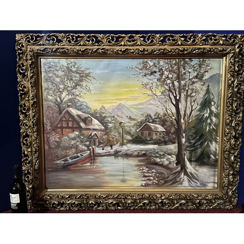 100 - Oil on Canvas, Snow Capped Mountains in Decorative Gilt Frame (125 cm W x 100 cm H)