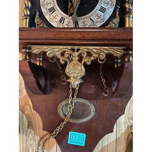 120 - Antique Style Mahogany and Brass Wall Clock, with Weights (25 cm W x 60 cm H x 16 cm D)