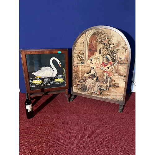 128 - Two Vintage Fire Screens, One with Tapestry Panel, the Second Converts to a Table Decorated with Swa... 