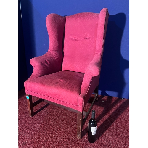 129 - Georgian Style Mahogany Framed Wing Back Armchair (85 cm W x 120 cm H x 75 cm D)