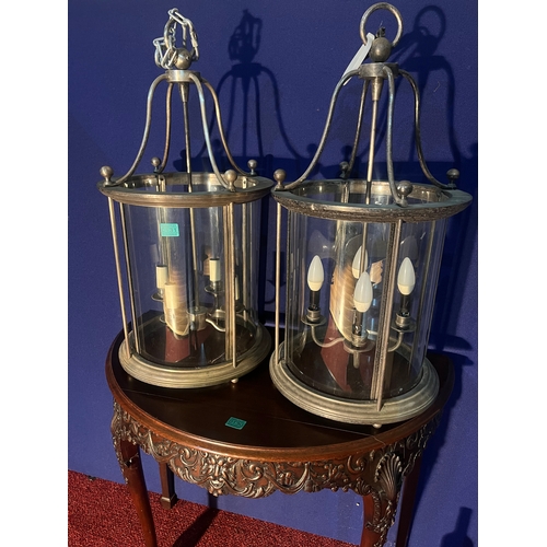 131 - Pair of Silvered Circular Lanterns with Four Branch Central Light (38 cm W x 74 cm H)