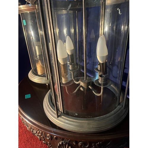 131 - Pair of Silvered Circular Lanterns with Four Branch Central Light (38 cm W x 74 cm H)