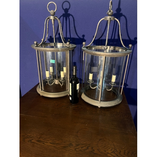 132 - Pair of Silvered Circular Lanterns with Four Branch Central Light (38 cm W x 74 cm H)