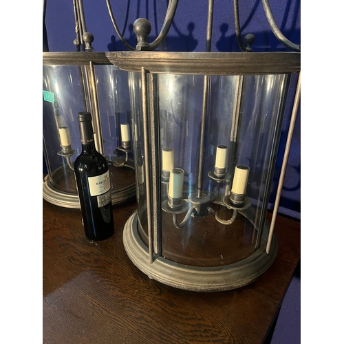 132 - Pair of Silvered Circular Lanterns with Four Branch Central Light (38 cm W x 74 cm H)