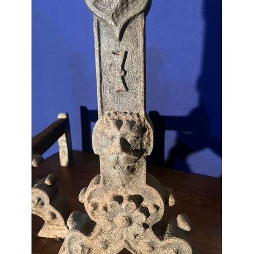 135 - Fine Pair of Iron Andirons with Lions Mask Motifs (29 cm W x 65 cm H x 40 cm D)