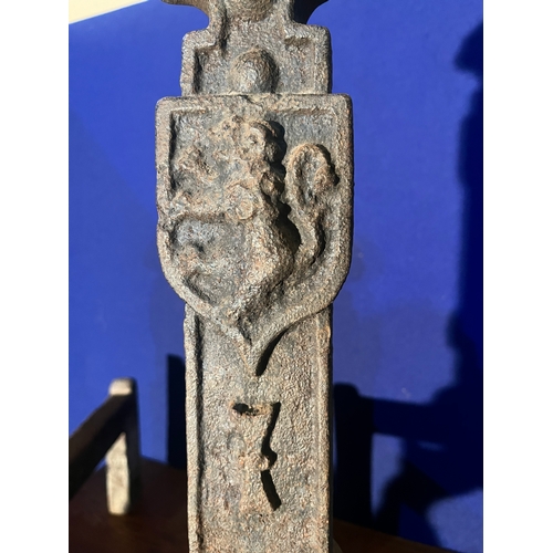 135 - Fine Pair of Iron Andirons with Lions Mask Motifs (29 cm W x 65 cm H x 40 cm D)