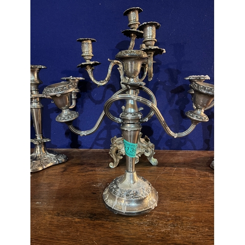 139 - Pair of Silver Plated Candelabra and Two Others (Largest 20 cm W x 40 cm H)