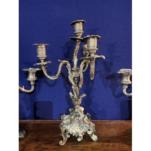 139 - Pair of Silver Plated Candelabra and Two Others (Largest 20 cm W x 40 cm H)