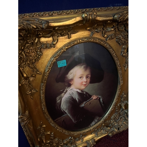 149 - Victorian Style Oval Print of a Young Boy Holding a Satchel in Decorative Frame (62 cm W x 72 cm H)