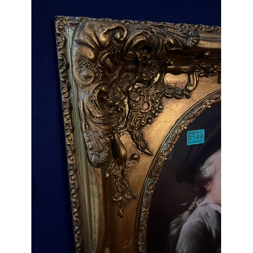 149 - Victorian Style Oval Print of a Young Boy Holding a Satchel in Decorative Frame (62 cm W x 72 cm H)