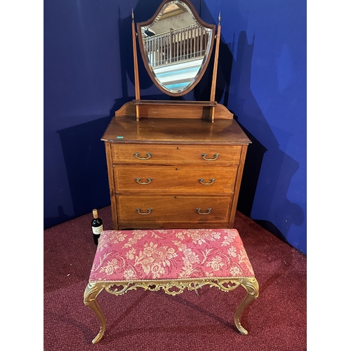 151 - Edwardian Mahogany Dressing Table with Inlay Throughout and a Rococo Style Metal Stool (Table 92 cm ... 