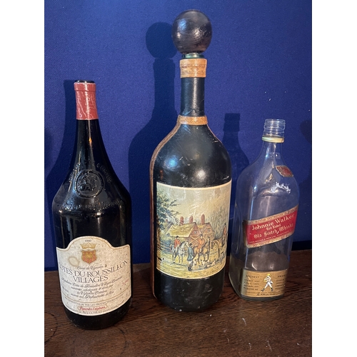 156 - Silvered Metal Ice Stand, Johnnie Walker and Cotes Du Roussilleon Bottle and a Decorative Leather Bo... 