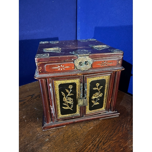 159 - Lacquered Lift Top Box with Brass Handles, Brass Bound (22 cm W x 22 cm H x 22 cm D)