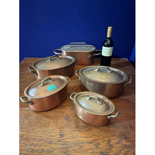 171 - Set of Four Graduated Oval Saucepans with Brass Handles and Another