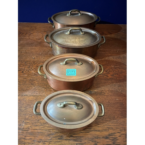 171 - Set of Four Graduated Oval Saucepans with Brass Handles and Another