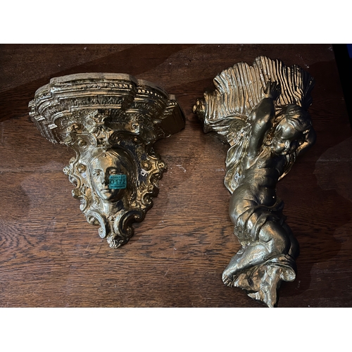 172 - Two Decorative Gold Wall Sconces and a Pair of Gold Ornaments, Putti with Lyres (Pair 32 cm H)