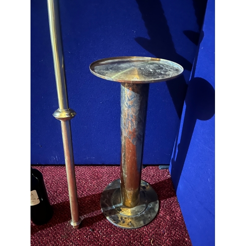 183 - Pair of Brass Processional Candle Sticks and a Brass Stand (candlesticks 15 cm W x 120 cm H)