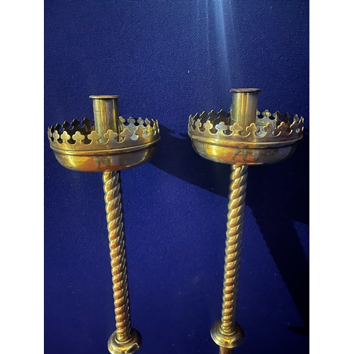 183 - Pair of Brass Processional Candle Sticks and a Brass Stand (candlesticks 15 cm W x 120 cm H)