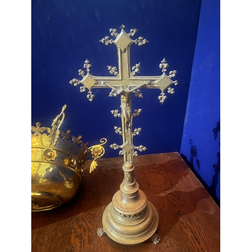 185 - Antique Brass Sacristy Lamp and a Gothic Design Brass Crucifix (Lamp 45 cm W x 25 cm H)