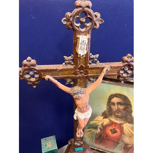 189 - Quality Oak Crucifix, Gothic Design. Framed Sacred Heart and a Collection of Religious Artifacts