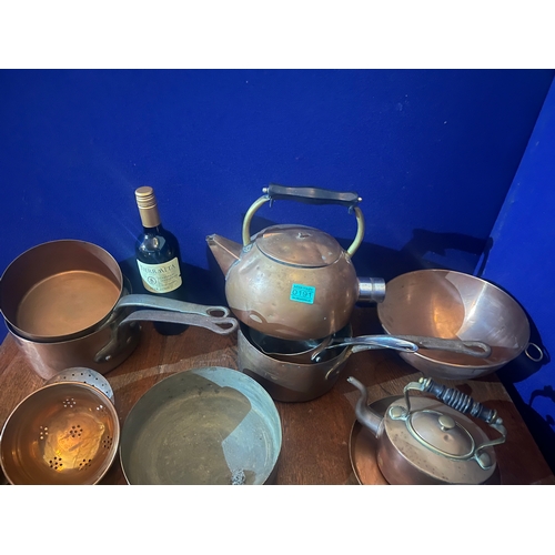 191 - Collection of Copper Pots, Pans, Kettles and Strainers Etc.