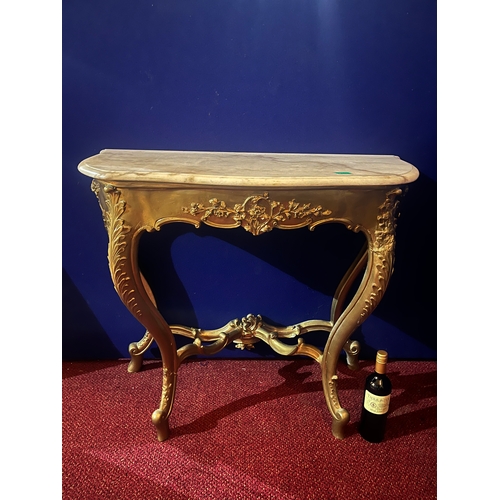 193 - French Style Gold Console Table with Shaped Marble Top (94 cm W x 80 cm H x 45 cm D)