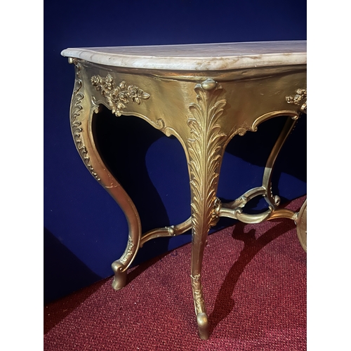 193 - French Style Gold Console Table with Shaped Marble Top (94 cm W x 80 cm H x 45 cm D)